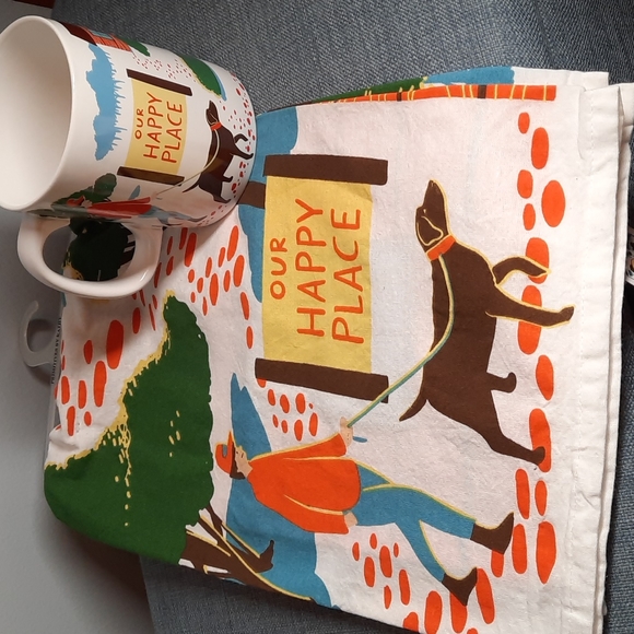 Kitchen Dish Towel Matching Mug Gift Set Our Happy Place Dog Hiker Camper Woods - Picture 1 of 5
